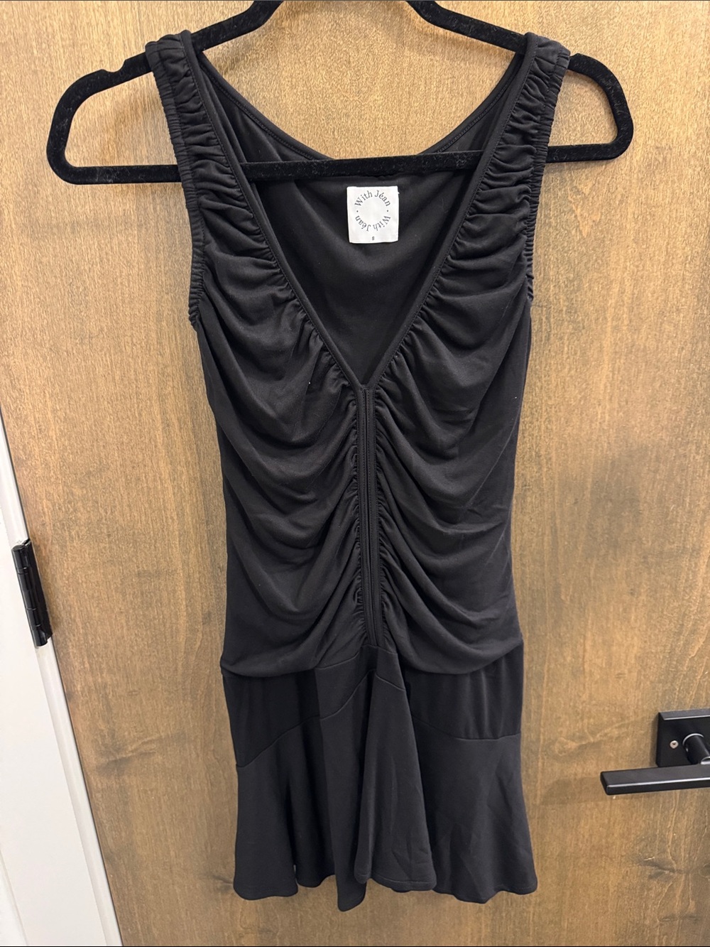 With Jean Black Ruched V-Neck Mini Dress